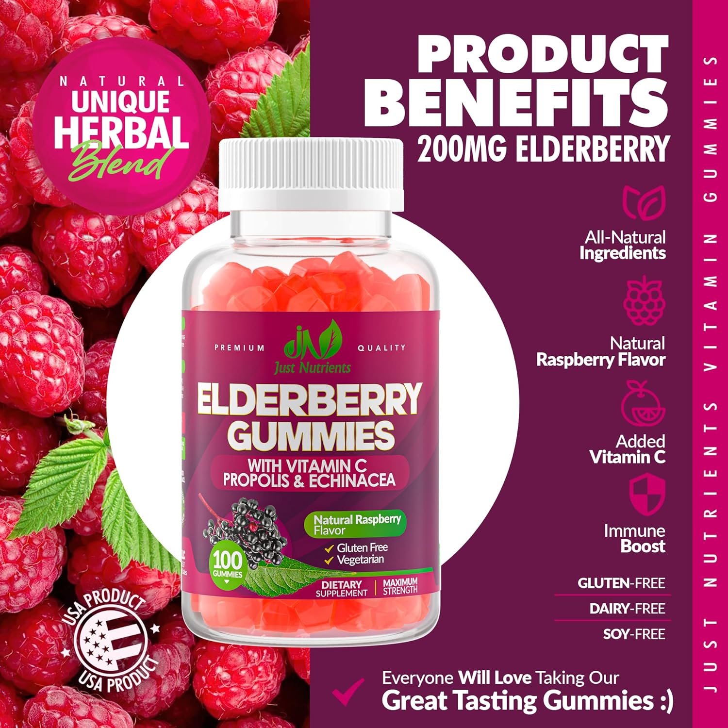 Elderberry 200mg Gummies with Vitamin C, Echinacea, Propolis (100 count) - Immune Support for Adults & Kids - Maximum Strength, Great Tasting Raspberry Flavor - Gluten-Free, Vegan - 100 Gummies - Image 3