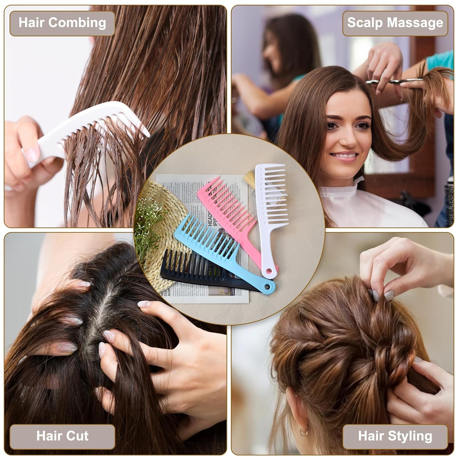 MODENGKONGJIAN 4PCS Wide Tooth Comb, Large Hair Detangling Comb Styling Comb for Curly, Wet, Long Hair with Handgrip (Black & Pink) - Image 6