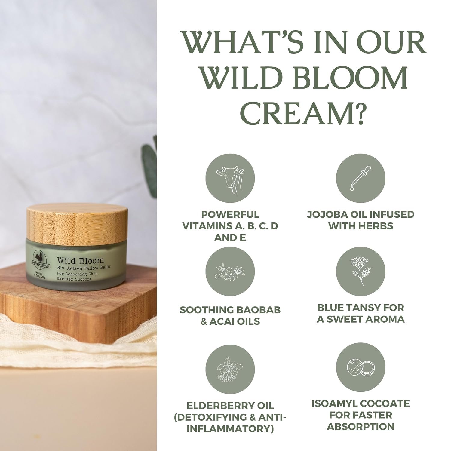 Hearth and Homestead: Handmade Wild Bloom Bio-Active Tallow Face Balm/Cream with Blue Tansy - Hydrate, Nourish, and Protect Skin - .7 oz - Image 3