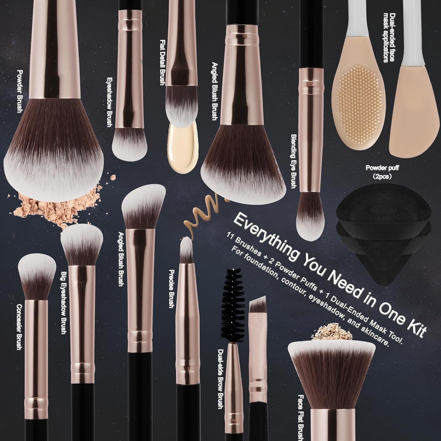 Black Makeup Brushes Set 14 Pcs Professional, Premium Synthetic Foundation Makeup Brush Concealer Powder Blush Eyeshadow Brushes with 2 Powder Puff & Dual-ended Mask Applicator.Gifts for Girls - Image 3