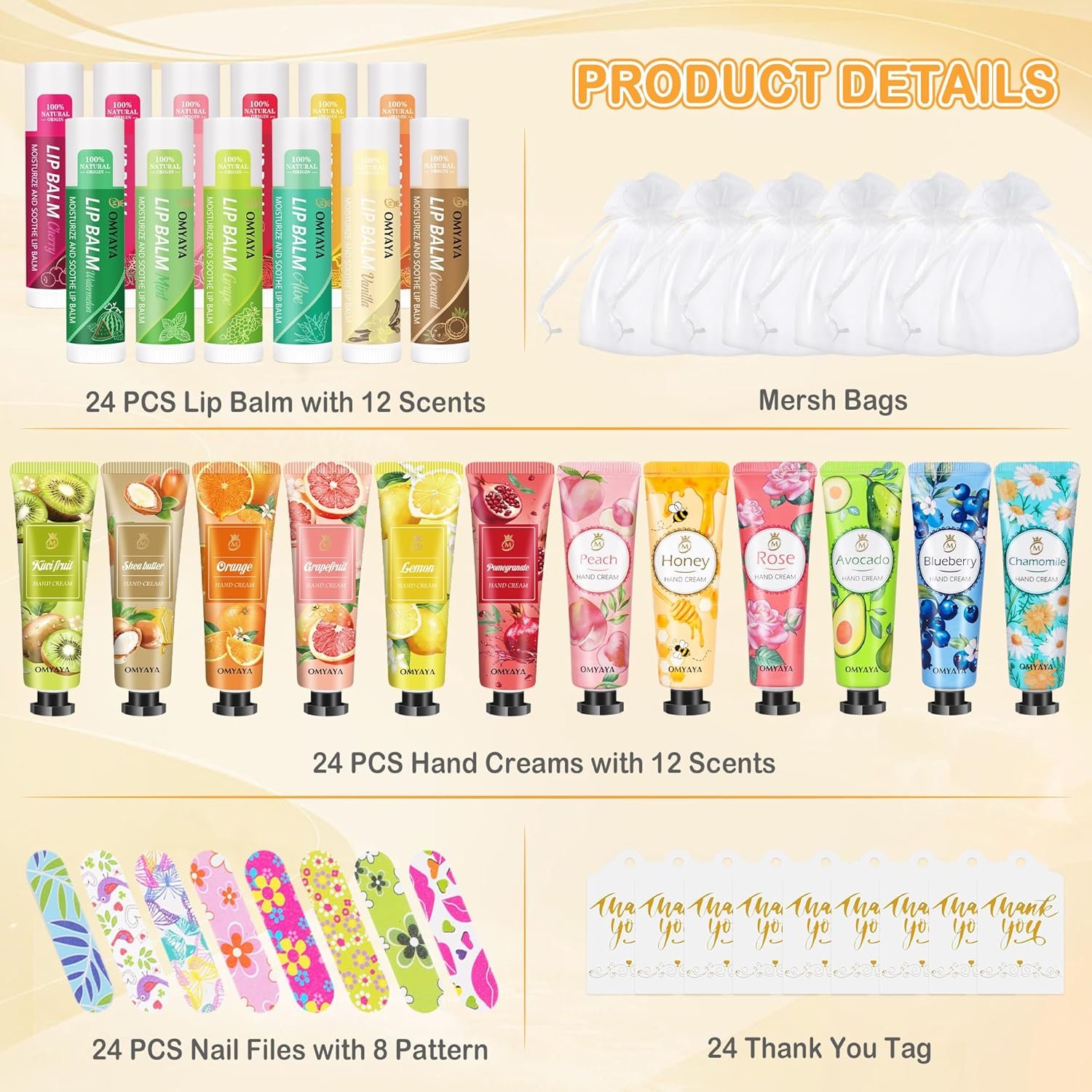 24 Sets Bulk Gifts For Women, Hand Cream Lotion, Lip Balm, Mini Nail Files Gifts Set with Organza Bags, Thank You Card, Baby Shower Bridal Wedding Favor for Guests, Christmas Gifts for Women - Image 2