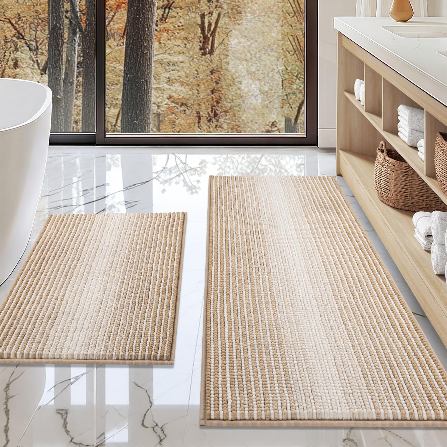 BSICPRO Bathroom Rugs and Mats Sets, 2 Piece Thick Absorbent Chenille Bath Mat Rug Set Non Slip, Soft Shaggy Bath Floor Mats for Bathroom, Machine Washable (20" x 47" Plus 16" x 24", Beige)