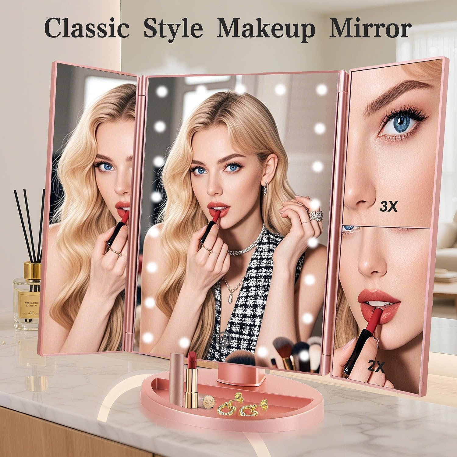 Flymiro Tri-fold Lighted Vanity Makeup Mirror with 3x/2x Magnification,Light up Mirror for Makeup,Touch Screen 21 LEDs,180° Rotation Countertop Cosmetic Mirror,Gifts for Women Mom Teen Girls - Image 3