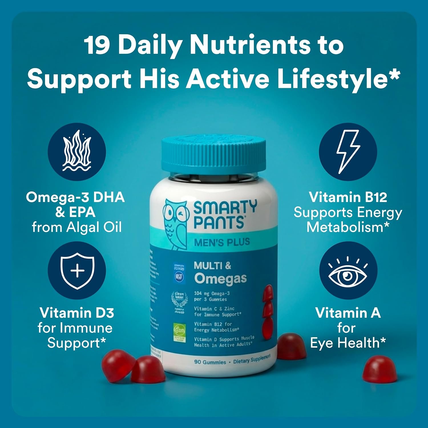 SmartyPants Men's Multivitamin Gummies with Omega 3 DHA/EPA, Methylfolate, Vitamin D3, C, B12, B6, A, K, Zinc, Raspberry Lemonade Flavor, 90 Count (30 Day Supply) - Image 2