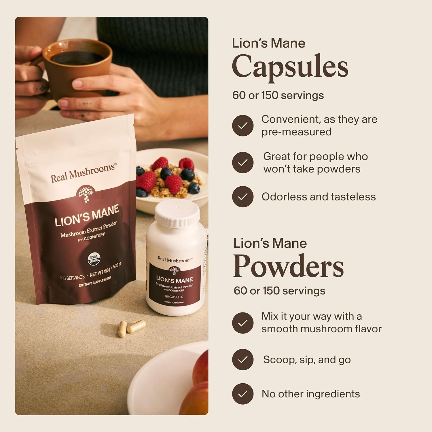 Real Mushrooms Lions Mane Mushroom Cognition (120 Capsules) Lions Mane Mushroom Powder Extract Capsules | Brain Supplement, Brain Vitamins, Focus Supplement - Image 5