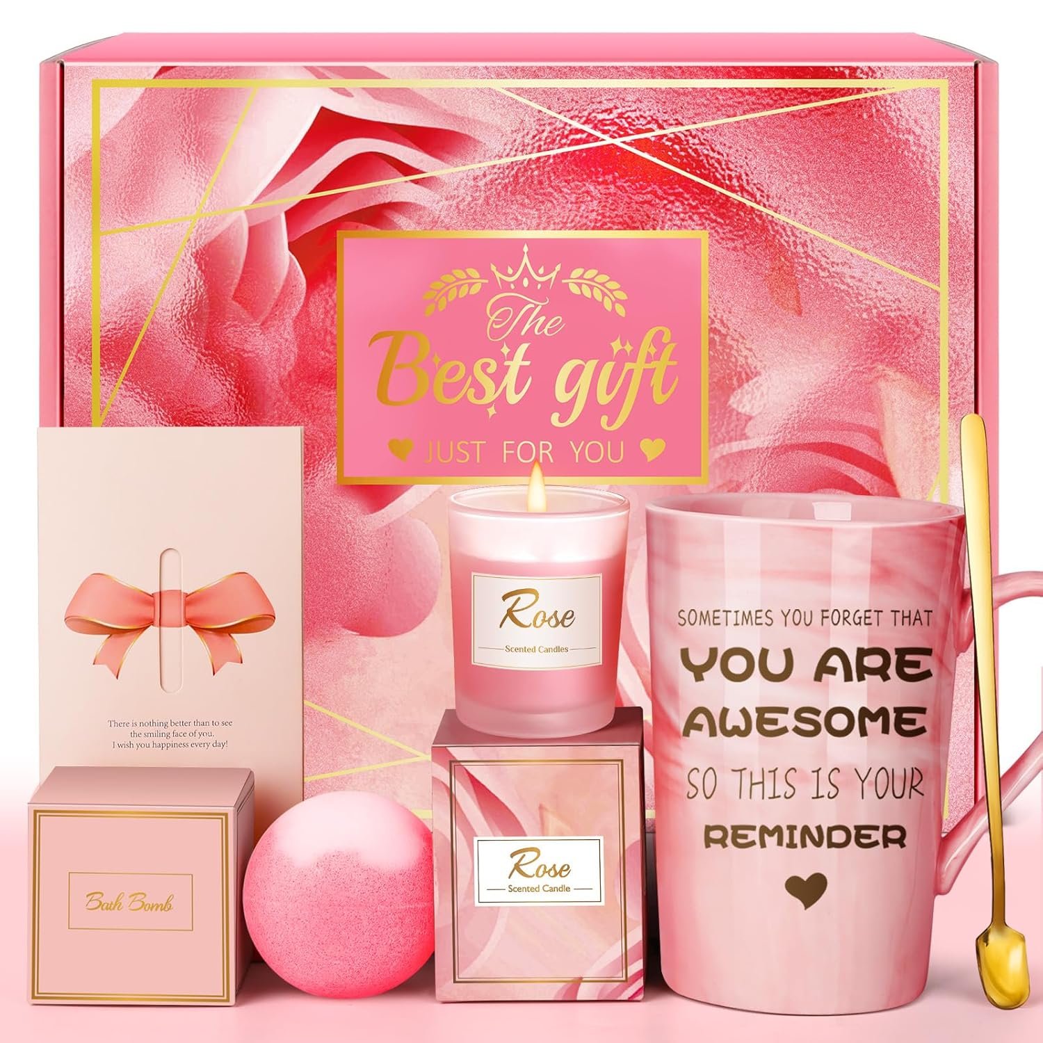 Birthday Gifts for Women, Mom, Sister, Friend: Unique Pink Self Care Spa Relaxation Baskets Set, Mothers Day, Christmas, Valentines, Holiday, Gift for Her, Girlfriend, Grandma, Wife, Bestie, Coworker