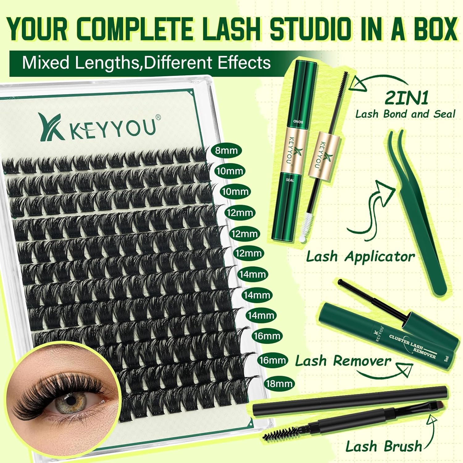KEYYOU Lash Clusters Kit 144pcs Thick Volume D Curl Eyelash Clusters Lash Extension Kit with Mascara Brush Bond and Seal Glue Remover Applicators and Brush for DIY Lash Extensions (Y02) - Image 4