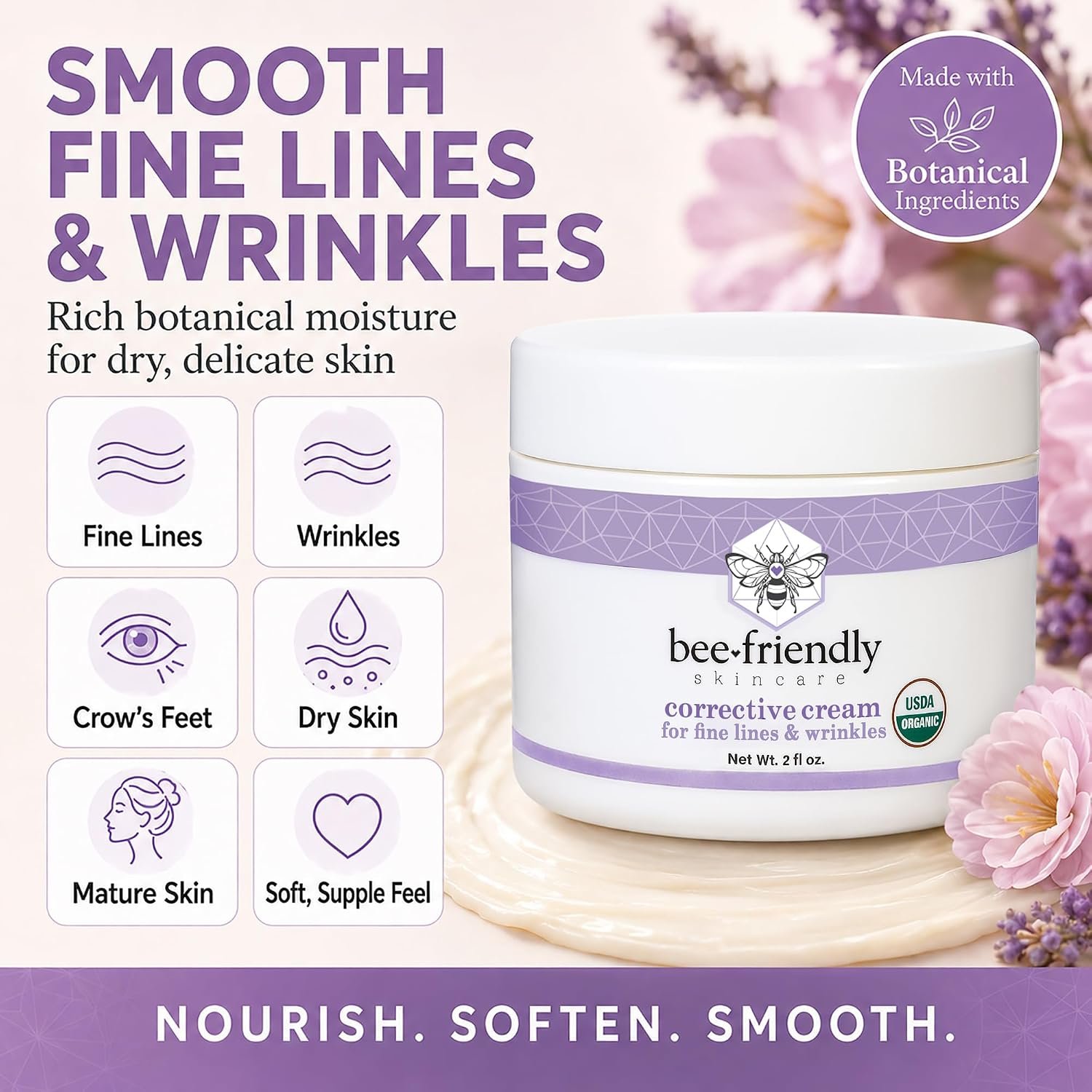 BeeFriendly® Organic Corrective Cream Face Moisturizer, 2 oz | USDA Certified, Revitalizing Facial Night Cream, For Sensitive Skin, Aids Fine Lines & Wrinkles, For Eyes, Face, Neck - Image 3
