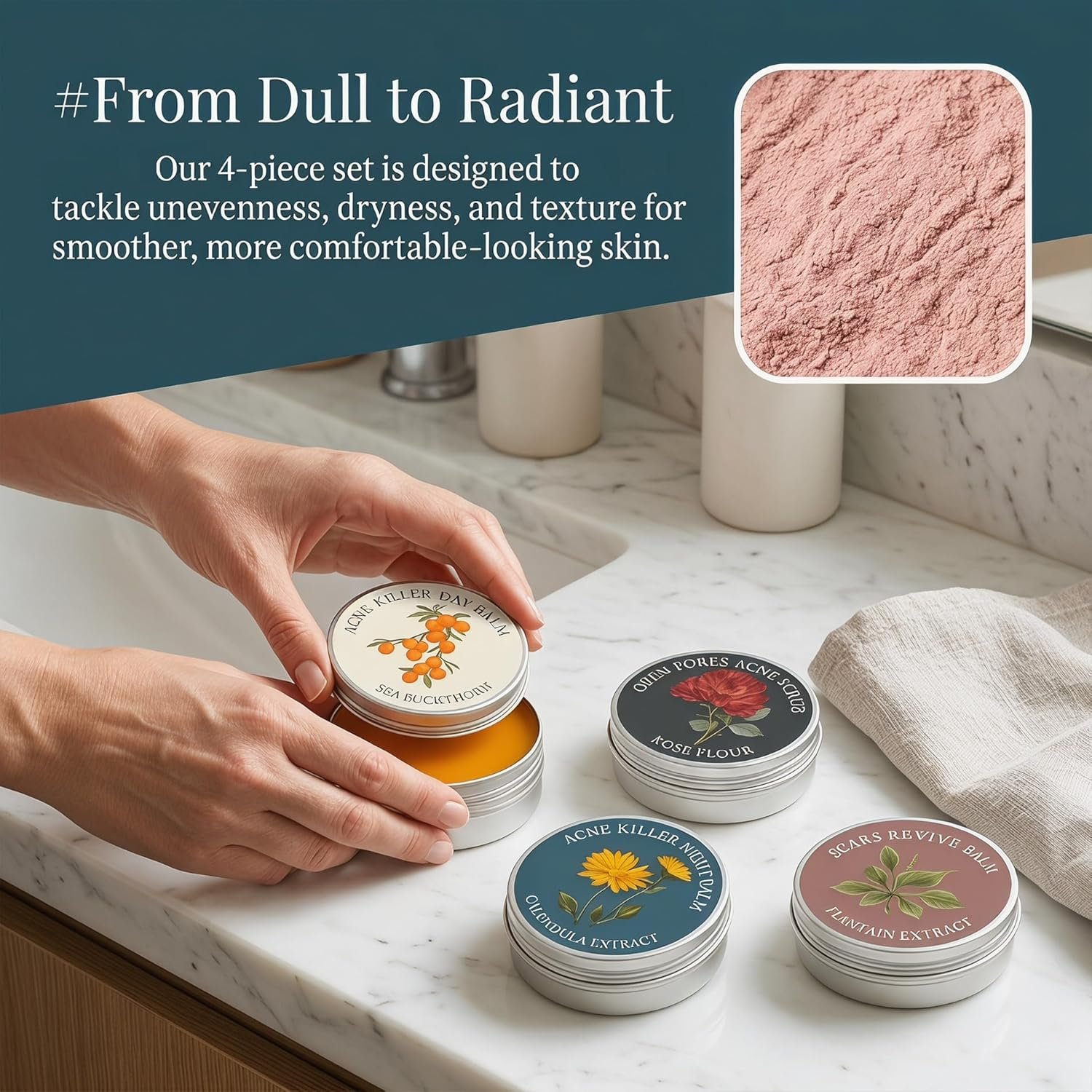 Organics Acne Balm Set with Squalane Oil, Calendula, Sea Buckthorn, Rosehip & Arnica, 4-Piece Balm & Scrub Kit for Uneven-Looking Skin, Pore-Area Texture & Moisturizing Care, 1.05 oz / 30 ml (4PCS) - Image 6