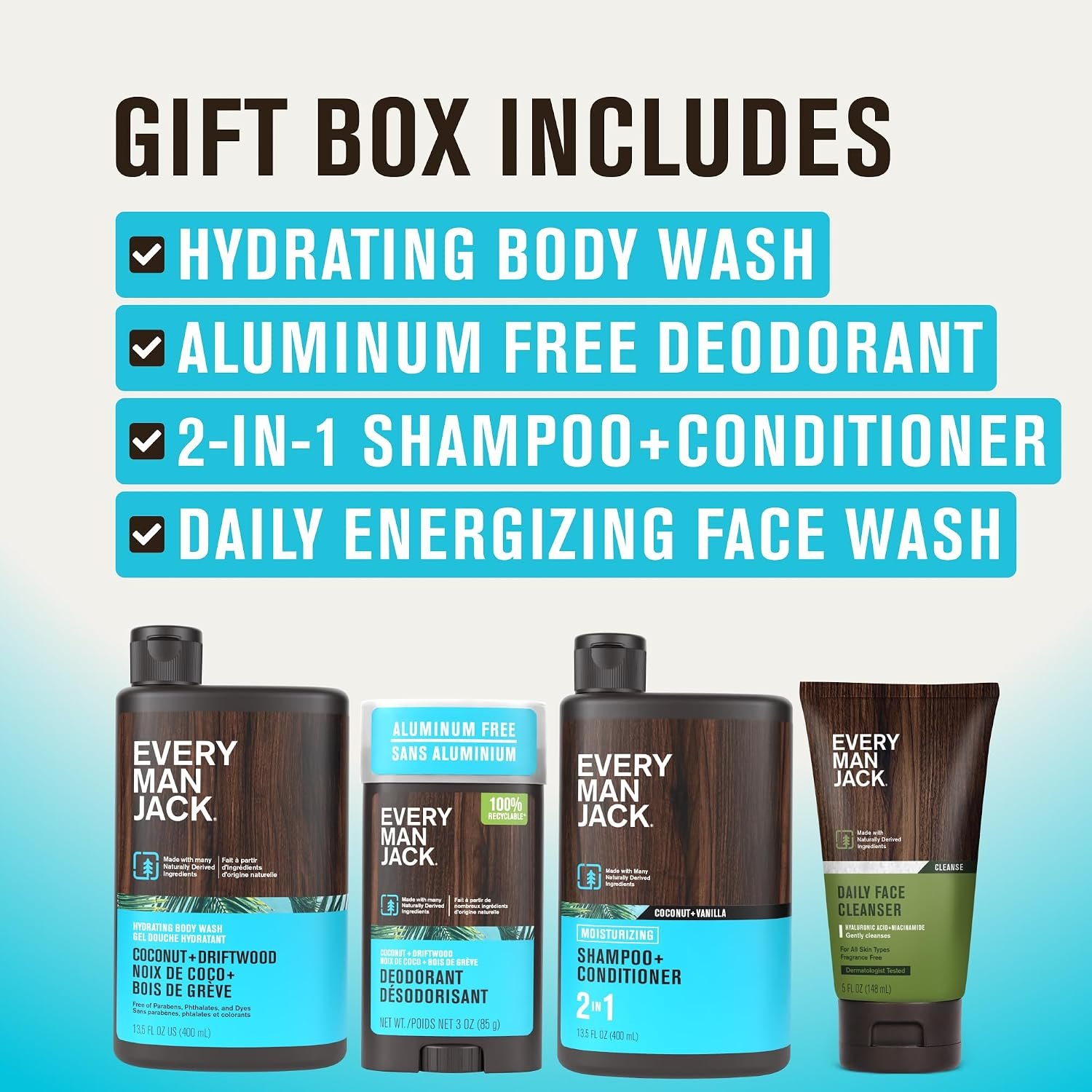 Every Man Jack Men's Bath and Body Gift Set - Coconut + Driftwood Scent - Clean Ingredients - Includes Hydrating Body Wash, 2-in-1 Shampoo, Aluminum-free Deodorant & Face Wash - Image 3