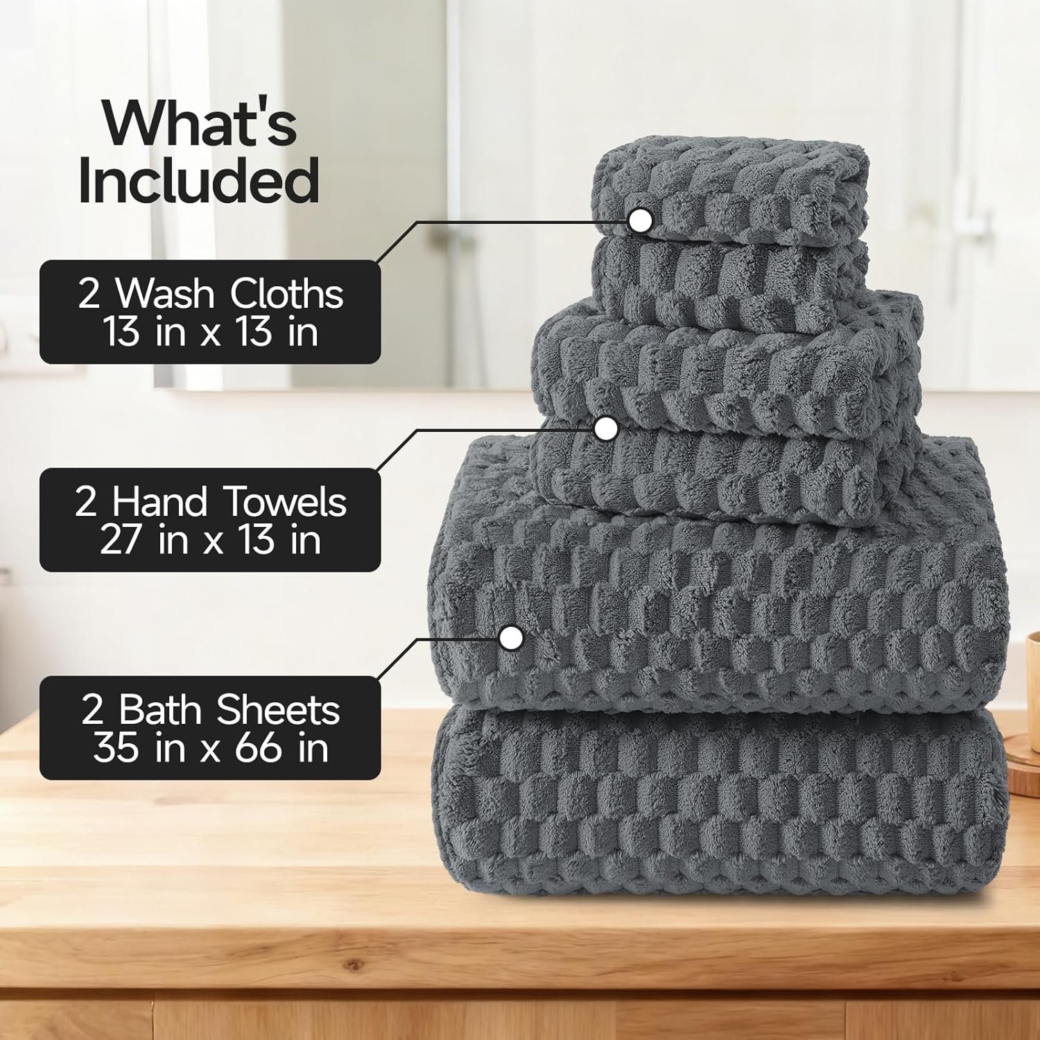 REDKISS Gray Bath Towel Sets XL - 35"x70" Extra Large Bathroom Towels of 6, Super Soft Oversized Bath Sheets for Adults, Microfiber Baths Towels Set, Luxury Shower Towel for Bathroom Hotel - Image 2