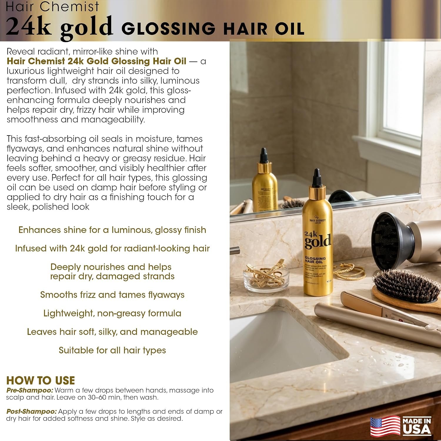 Hair Chemist 24K Gold 5-PC Complete Hair Care Set – Large Shampoo, Conditioner, Hair Oil, Hair Mist & Deep Hair Mask – Strengthening, Hydrating & Shine Enhancing for Dry, Damaged & Color-Treated Hair - Image 8