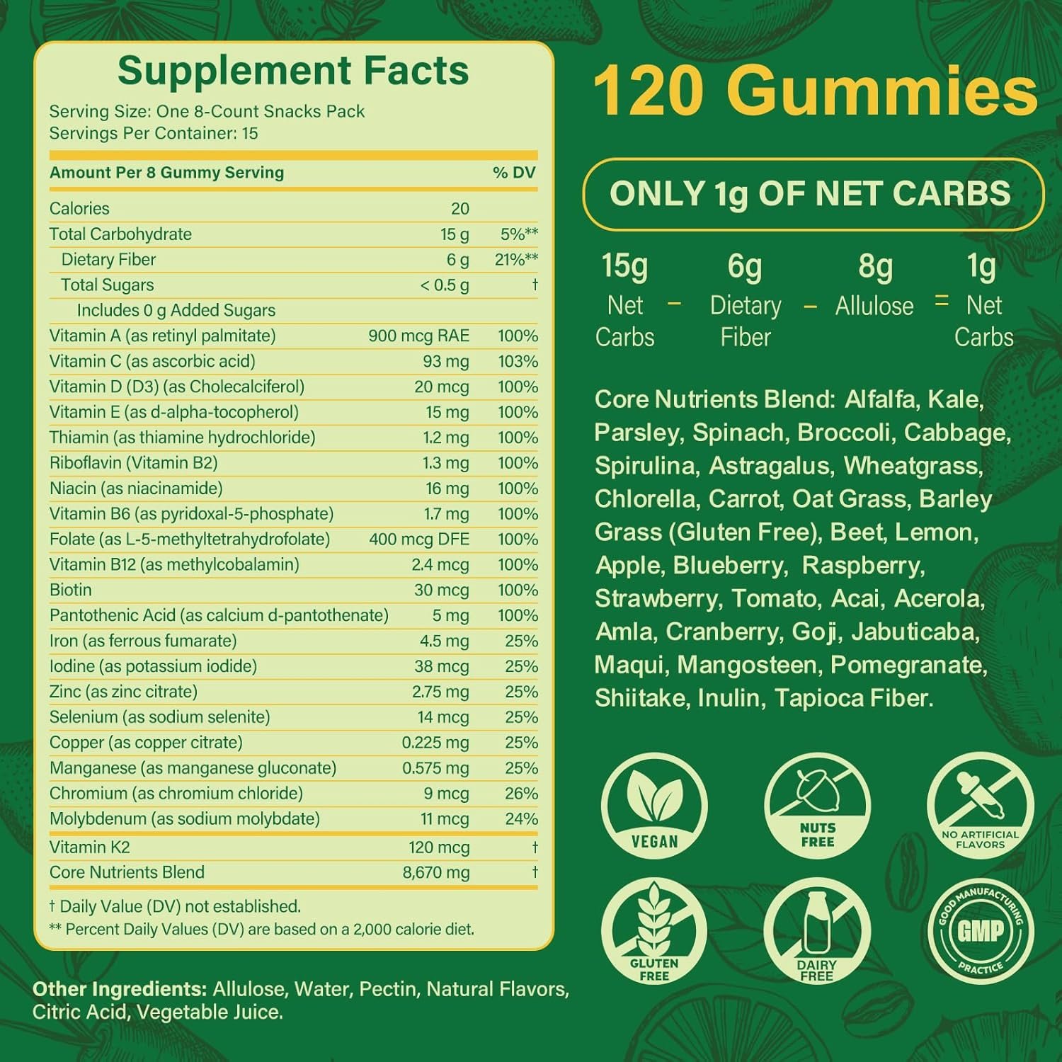 Sugar Free Greens Daily Gummies, Superfood Fruits Veggies Blend with Spirulina, Chlorella, Prebiotics & Fiber, Adaptogens Multivitamin Supplement for Women Men Digestive Health, Non-GMO, 120 Count - Image 4