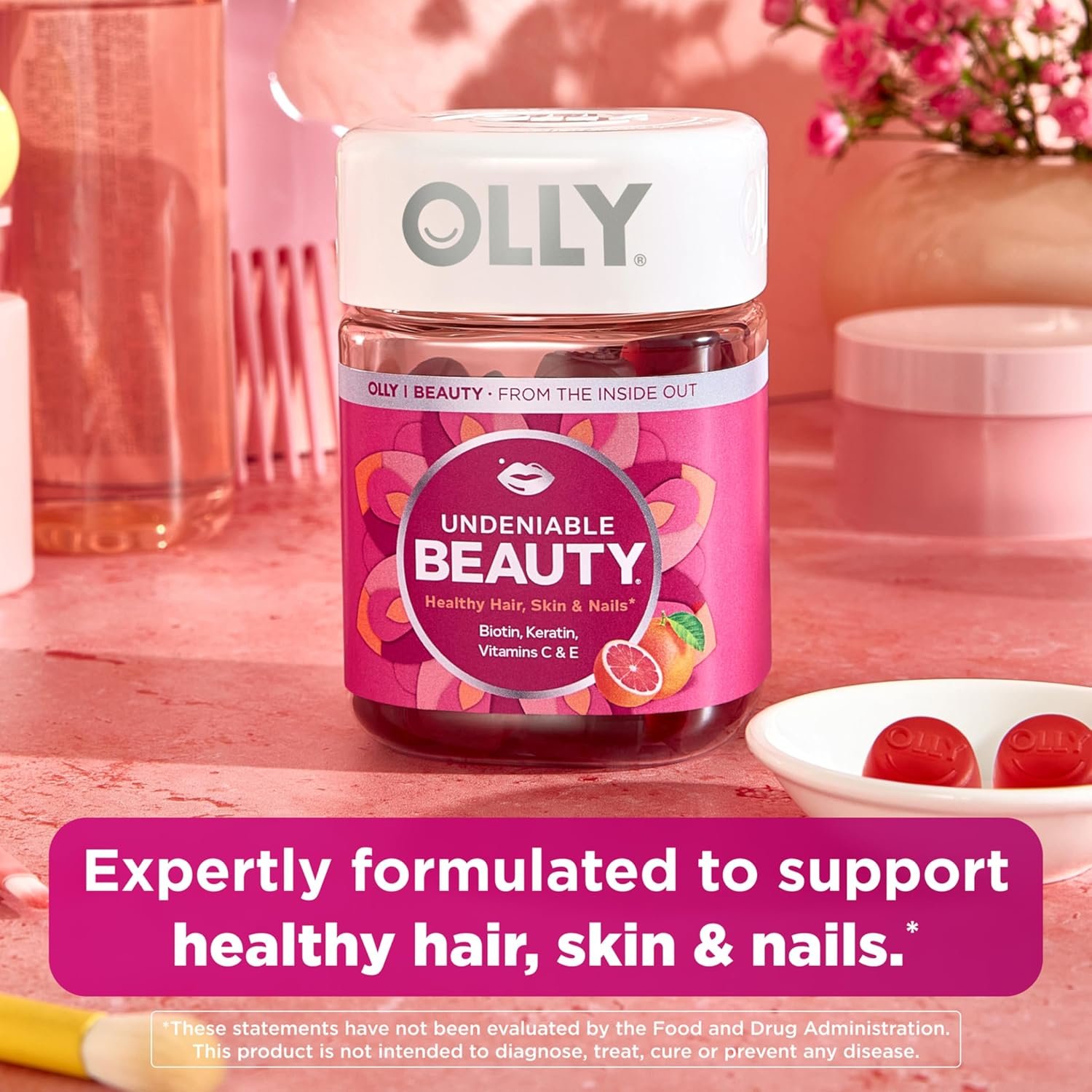 OLLY Hair Skin and Nails Gummies - Undeniable Beauty with Biotin 2500mcg Per 2 Gummies, Keratin & Vitamin C - Supports Healthy Hair, Skin, & Nails - Grapefruit Flavor - 60 Count - Image 3
