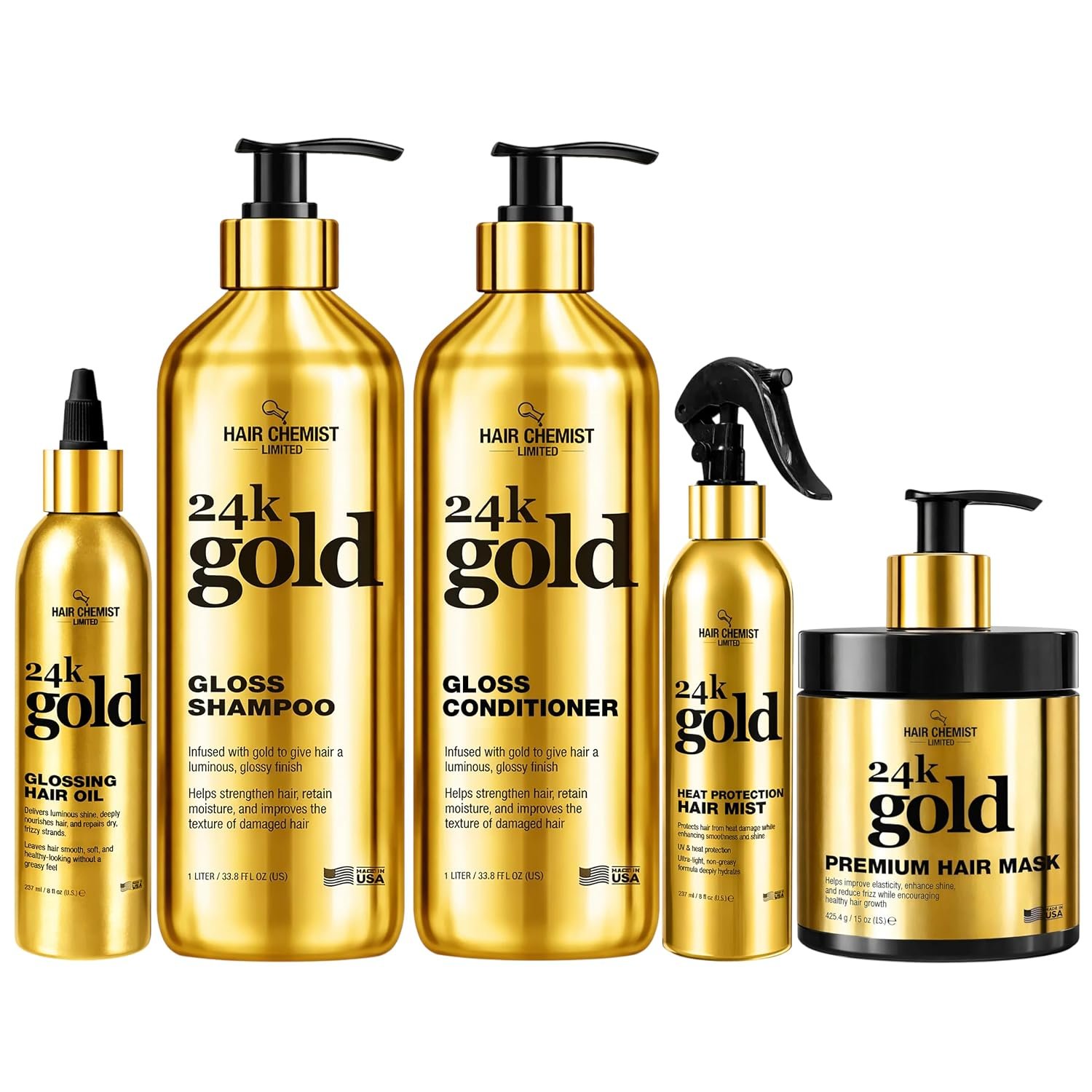 Hair Chemist 24K Gold 5-PC Complete Hair Care Set – Large Shampoo, Conditioner, Hair Oil, Hair Mist & Deep Hair Mask – Strengthening, Hydrating & Shine Enhancing for Dry, Damaged & Color-Treated Hair