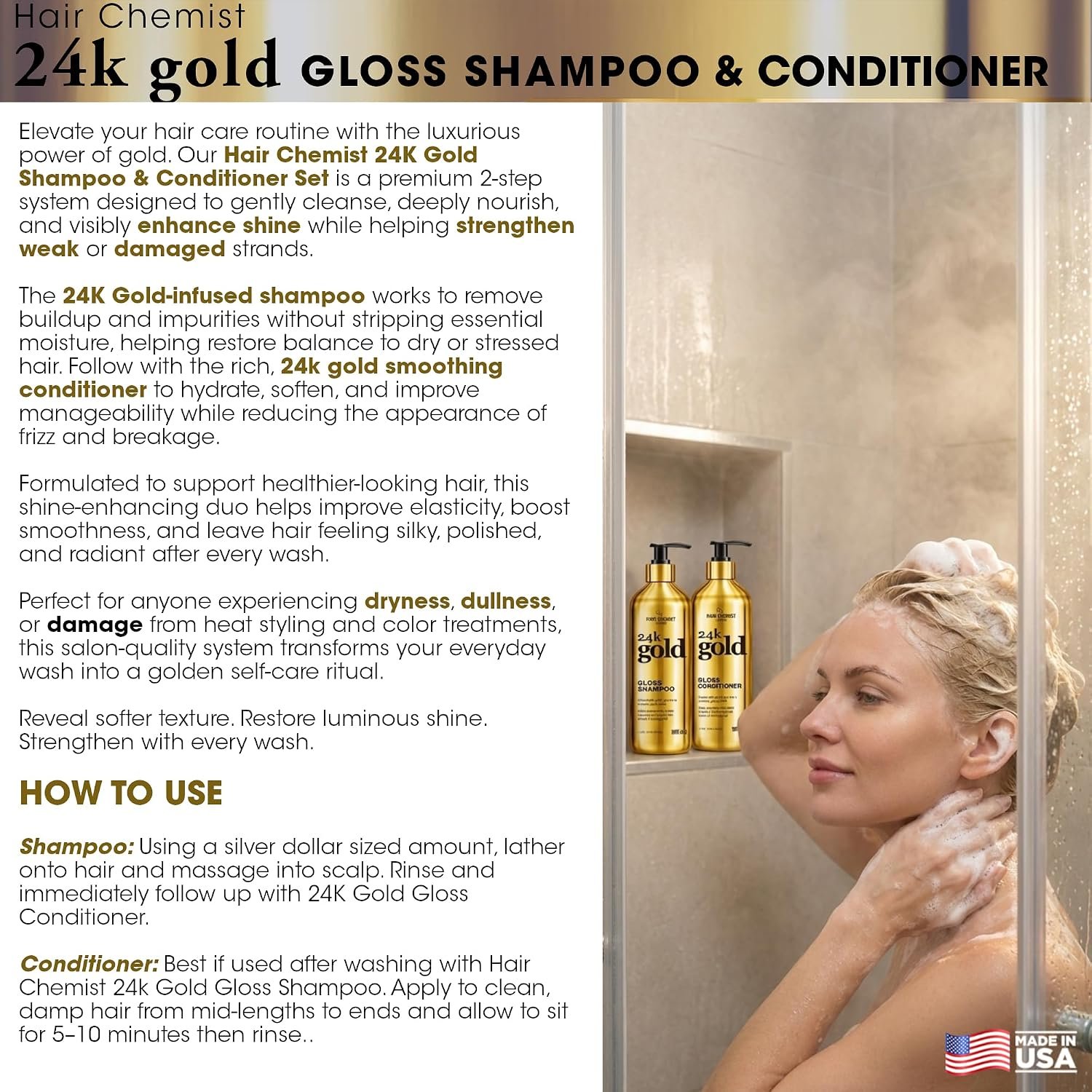 Hair Chemist 24K Gold 5-PC Complete Hair Care Set – Large Shampoo, Conditioner, Hair Oil, Hair Mist & Deep Hair Mask – Strengthening, Hydrating & Shine Enhancing for Dry, Damaged & Color-Treated Hair - Image 4