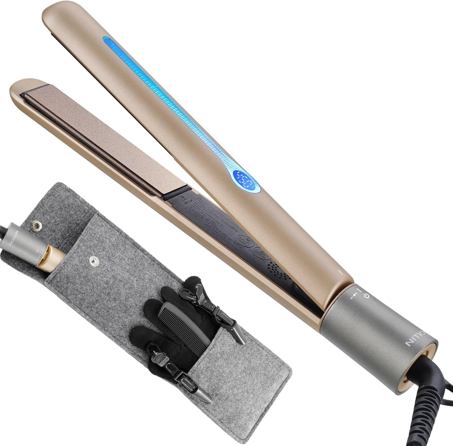 NITION Ceramic Tourmaline Hair Straighteners LCD Flat Iron MCH 10s Fast Heating Up. 1" 3D Floating Plate Healthy Smooth Home Straightening Tools. Travel Pouch. Dual Voltage. Elegant Gift Box