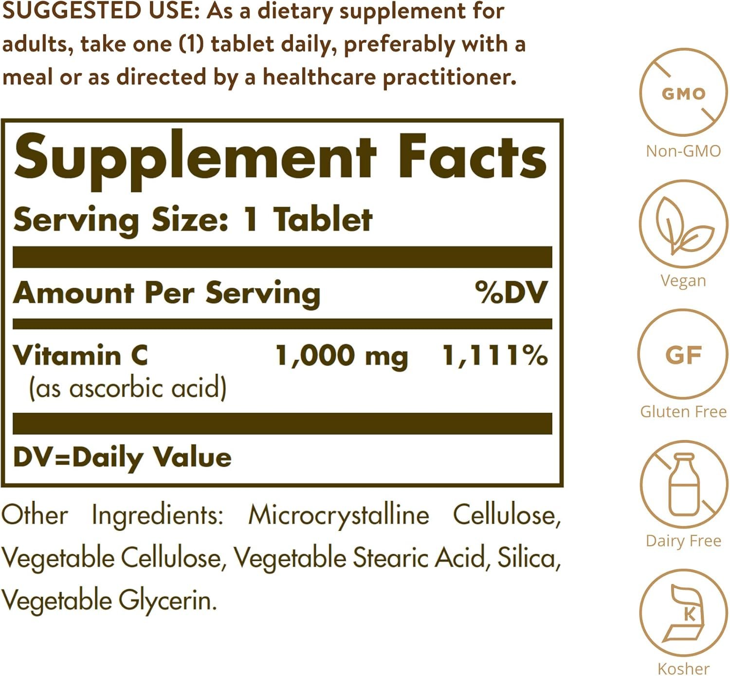 Solgar Vitamin C 1000 mg, 90 Tablets - Antioxidant & Immune Support, Overall Health, Healthy Skin & Joints - Bioflavonoids Supplement - Non-GMO, Vegan, Gluten Free, Kosher - 90 Servings - Image 2