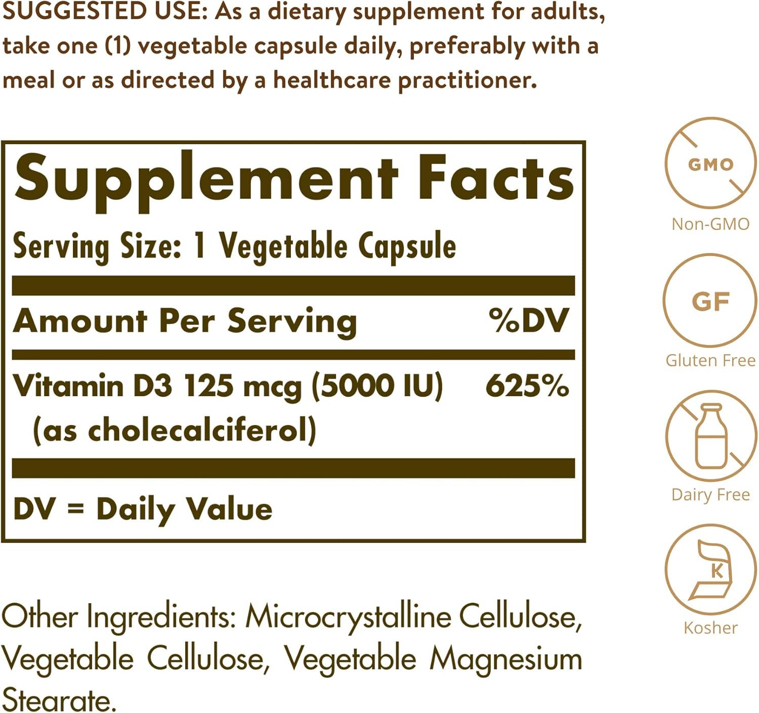 Solgar Vitamin D3 (Cholecalciferol) 125 mcg (5000 IU), 240 Vegetable Capsules - Helps Maintain Healthy Bones & Teeth - Immune System Support - Non-GMO, Gluten Free - 240 Total Servings - Image 2