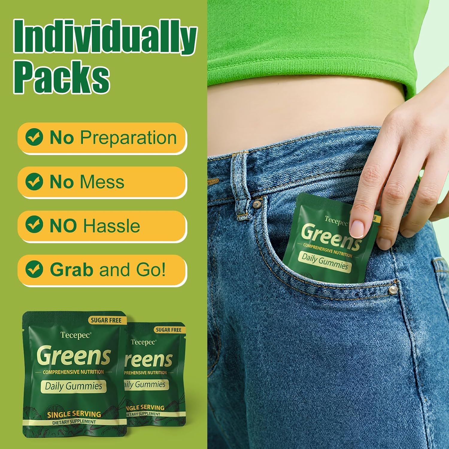 Sugar Free Greens Daily Gummies, Superfood Fruits Veggies Blend with Spirulina, Chlorella, Prebiotics & Fiber, Adaptogens Multivitamin Supplement for Women Men Digestive Health, Non-GMO, 120 Count - Image 6