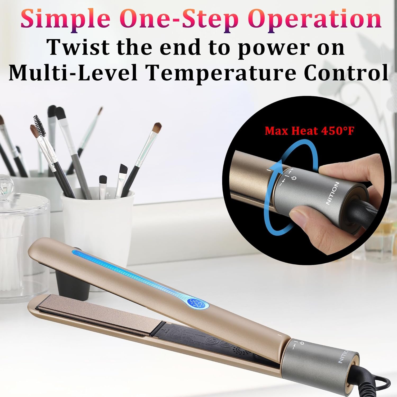 NITION Ceramic Tourmaline Hair Straighteners LCD Flat Iron MCH 10s Fast Heating Up. 1" 3D Floating Plate Healthy Smooth Home Straightening Tools. Travel Pouch. Dual Voltage. Elegant Gift Box - Image 6