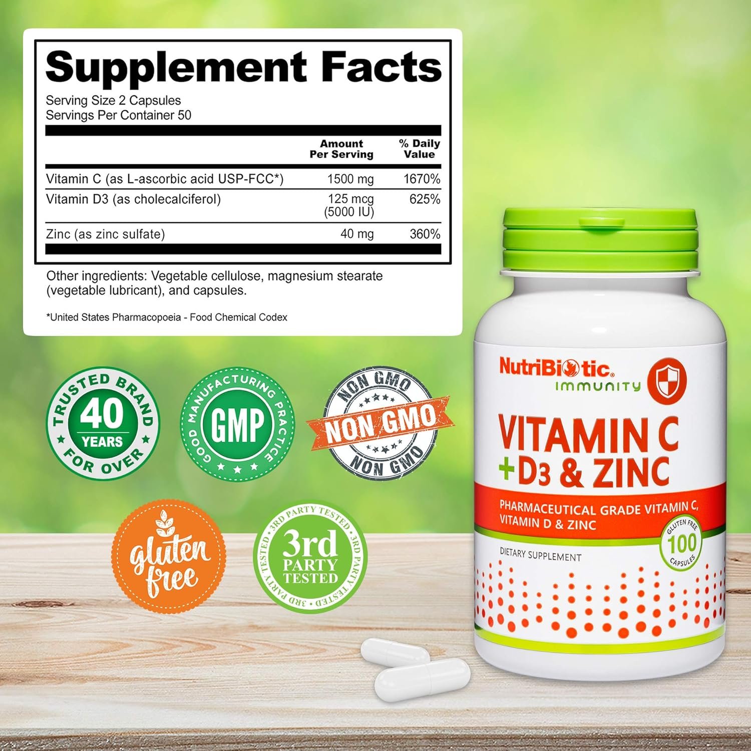 NutriBiotic – Vitamin C + Vitamin D3 & Zinc, 100 Capsules | Potent, Comprehensive Immune Support | Essential & Antioxidant Daily Supplement | Gluten & GMO Free - Image 3