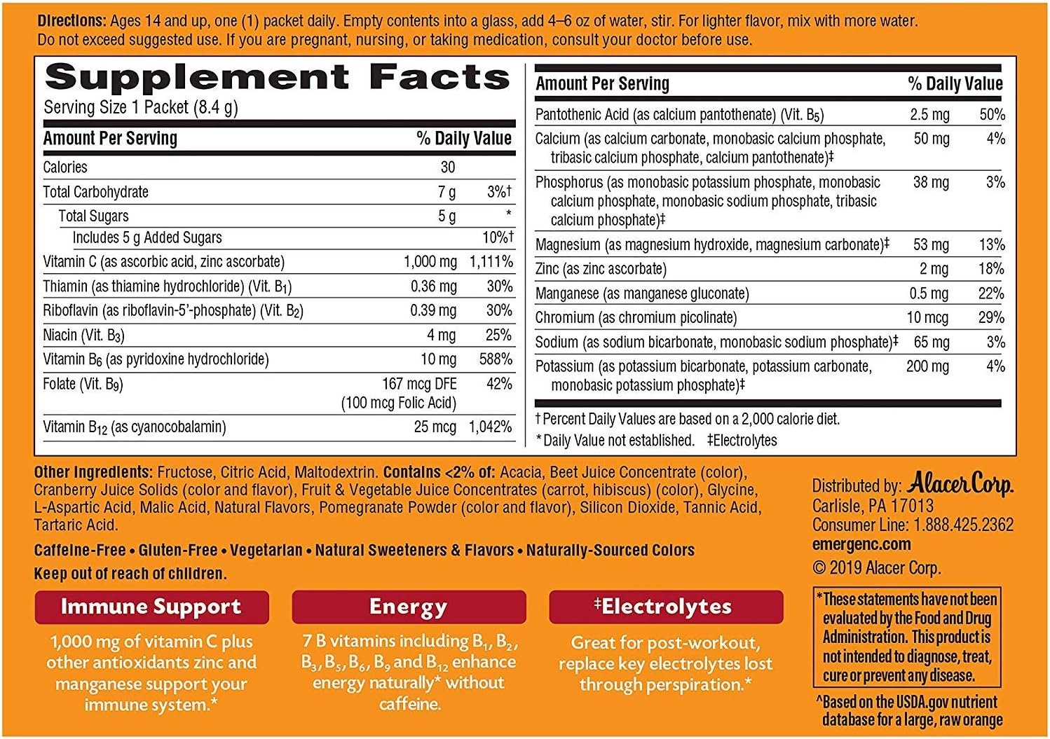 Emergen-C 1000mg Vitamin C Immune Support Powder Super Orange 60CT includes Zinc, Manganese, 7 B Vitamins and Electrolytes for Back to School Essentials - Image 2