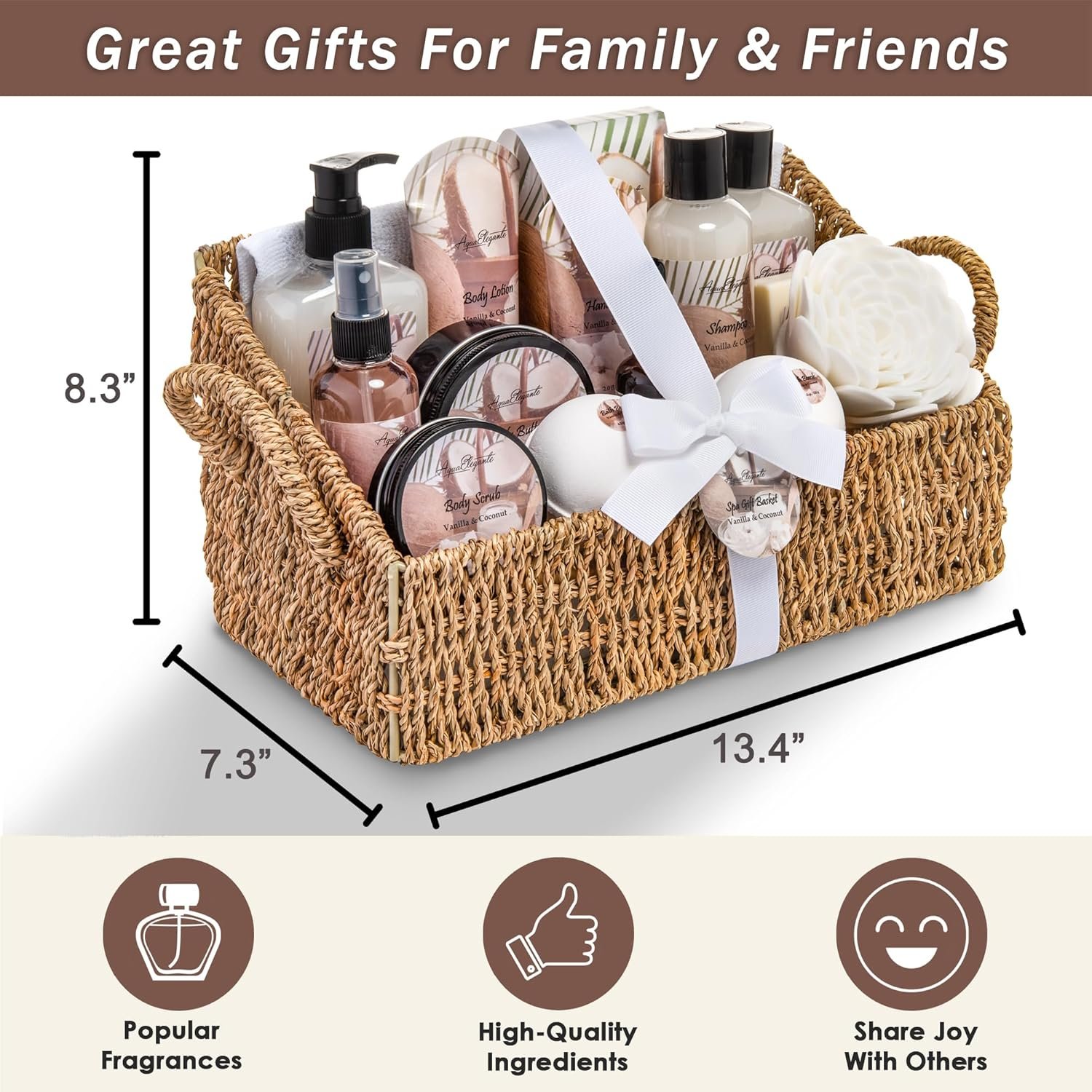 Aqua Elegante Bath Spa Gift Set - 15 Piece Premium Basket with Wash, Bubble Bath, Lotion, Salts, Body Scrub, Towel, Shower Puff, Bathbombs, Reusable Basket, Gifts for Women - Coconut & Vanilla - Image 8
