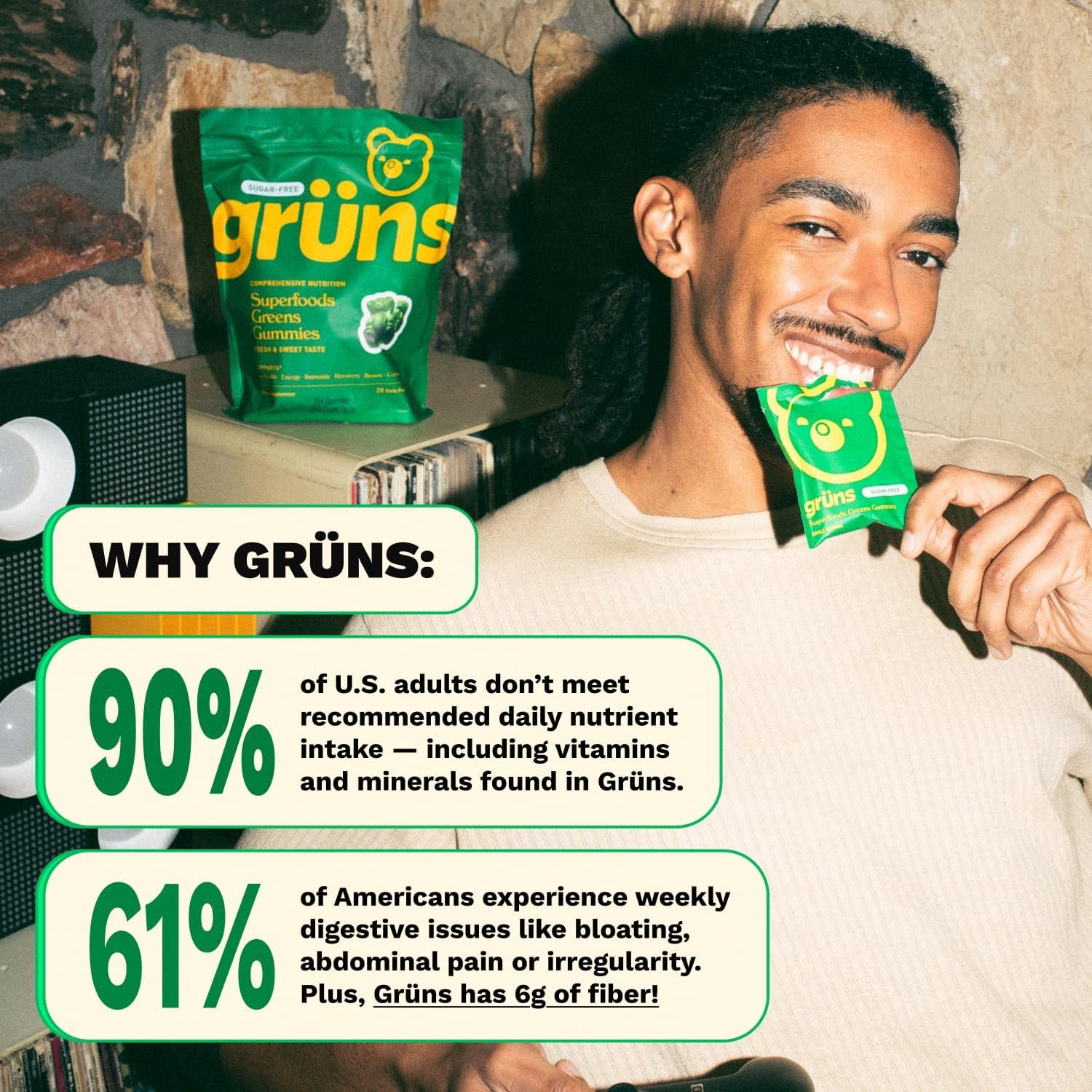 Gruns Sugar-Free Super Greens Gummies, Multivitamin Superfood Gummy Bears, Spirulina, Chlorella, Prebiotics & Fiber gummies for Digestive Health, Adaptogens Supplement, 20 Vitamins & Minerals, 10 pack - Image 7
