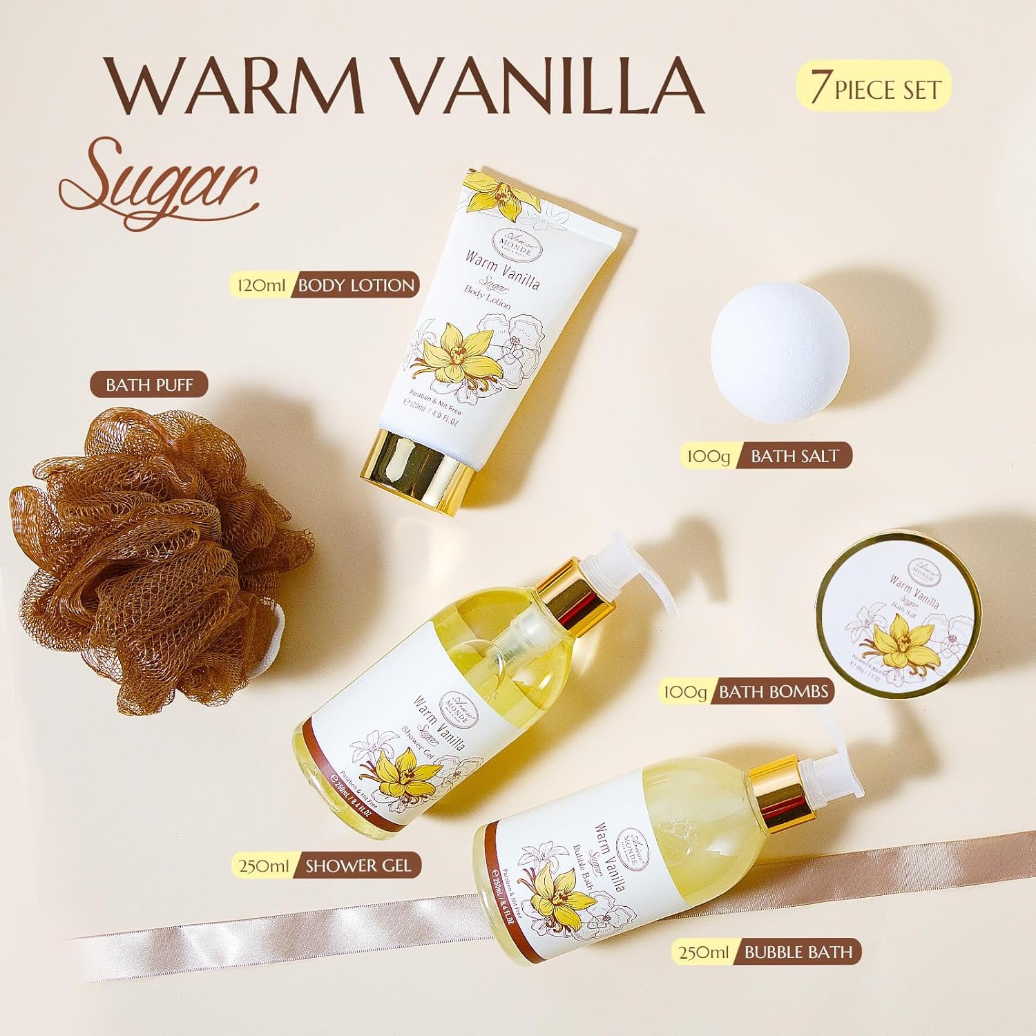 Bath and Body Warm Vanilla Sugar Spa Gifts for Women, with Shower Gel, Bubble Bath, Body Lotion, Bath Bomb, Bath Salt, Spa Basket Gift Set for Women, 7pcs Set Gifts - Image 3