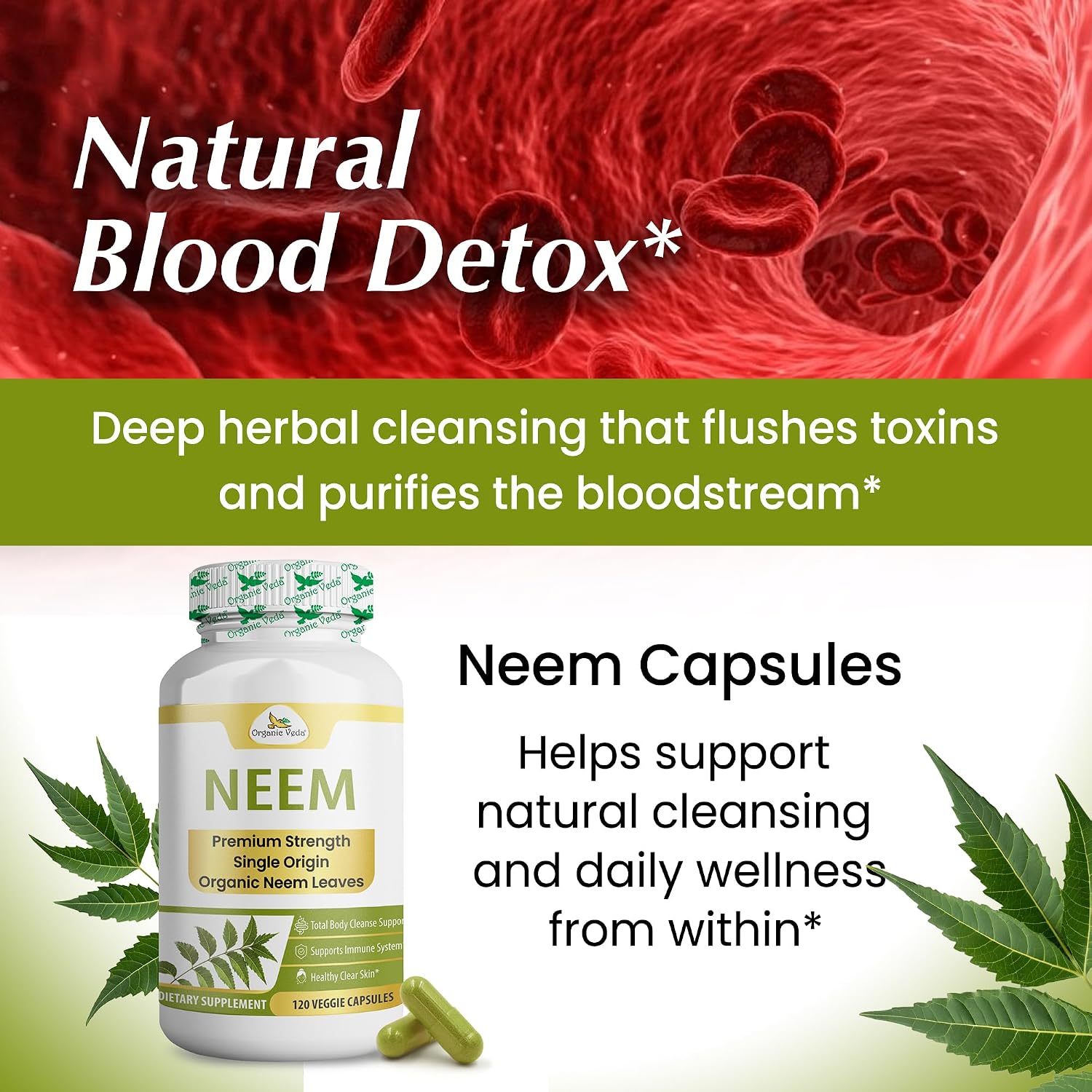 Organic Veda Neem Capsules – Herbal Supplement for Clear Skin, Immune & Gut Health For Men & Women - Single Origin True Green Neem Leaf Powder - Purifying & Cleansing Ayurveda Herb, 120 Vegan Capsules - Image 8