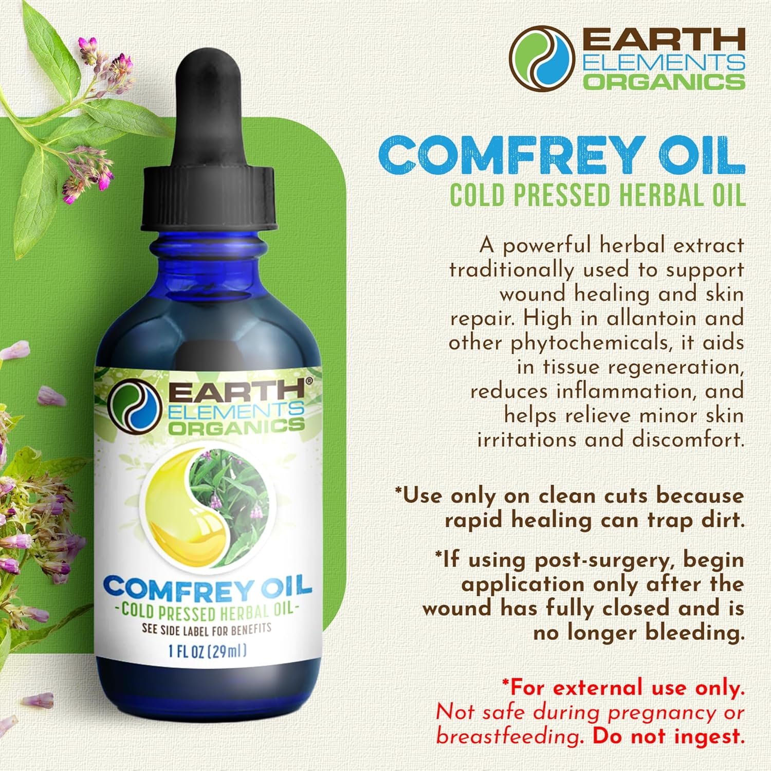 Comfrey Body Oil Raw, Infused Herbal Care, Organic Skincare, Unscented, for All Skin Types - 1 fl oz - Image 2