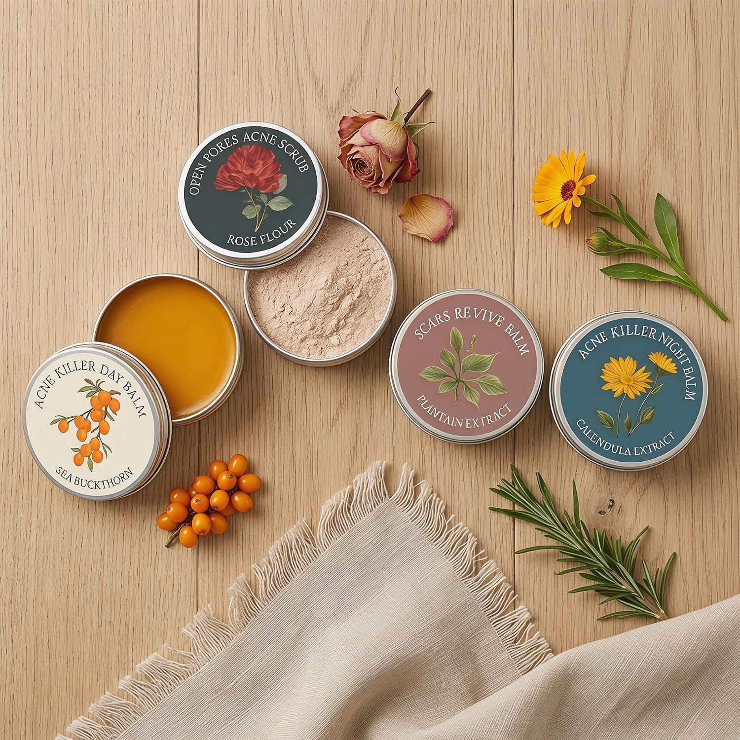 Organics Acne Balm Set with Squalane Oil, Calendula, Sea Buckthorn, Rosehip & Arnica, 4-Piece Balm & Scrub Kit for Uneven-Looking Skin, Pore-Area Texture & Moisturizing Care, 1.05 oz / 30 ml (4PCS) - Image 10