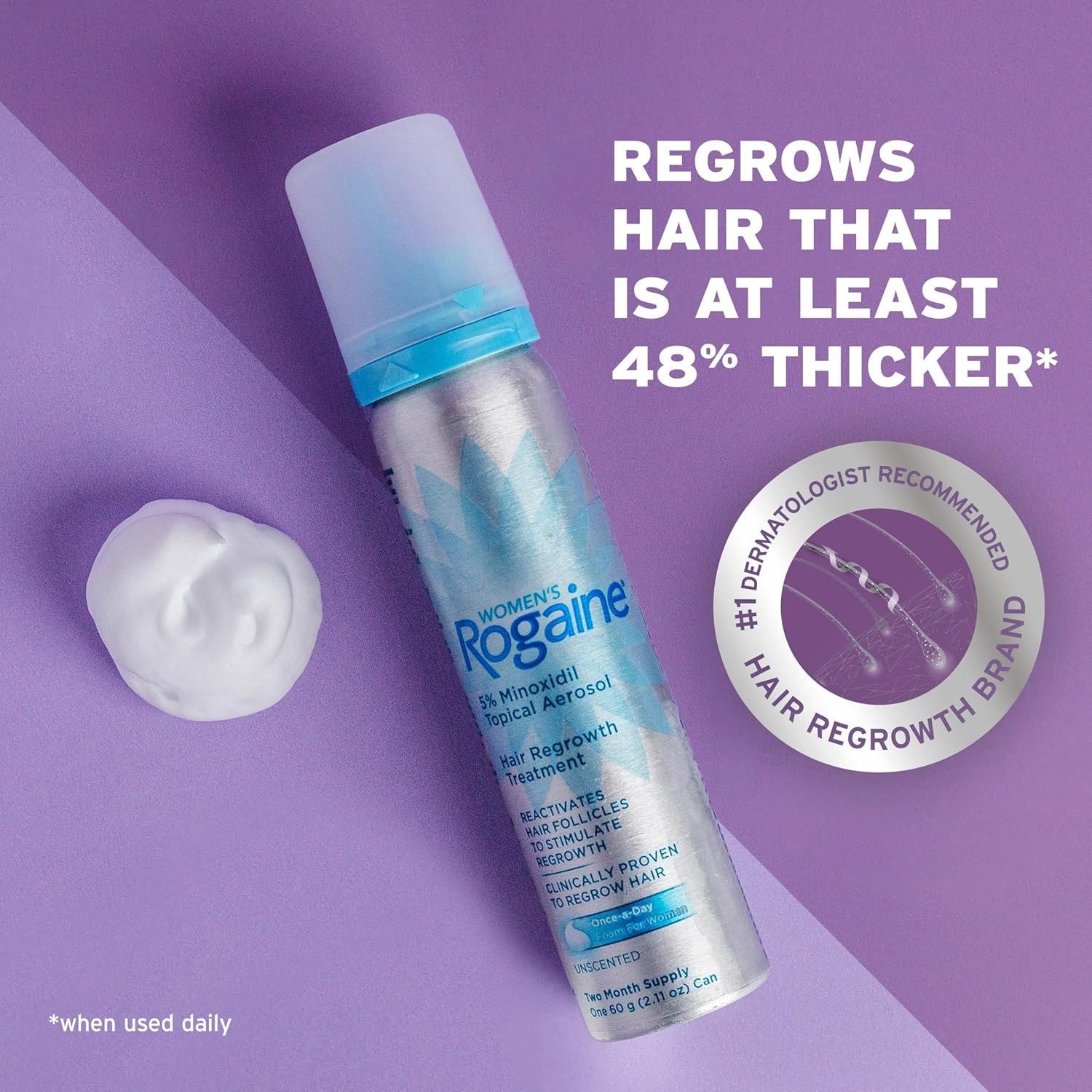 Rogaine for Women 5% Minoxidil Foam, Growth Treatment for Thinning & Hair Loss, Once-A-Day Unscented Topical Foam, Regrow Fuller Thicker Hair, Dermatologist Recommended, 4-Month Supply, 2 x 2.11 oz - Image 2