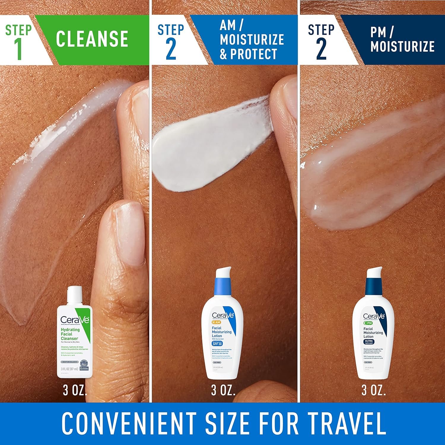 CeraVe AM Face Moisturizer with SPF, PM Face Moisturizer & Hydrating Face Wash Skin Care Routine for Morning & Night | Travel Size Toiletries | 3oz Lotion + 3oz Lotion + 3oz Cleanser - Image 2