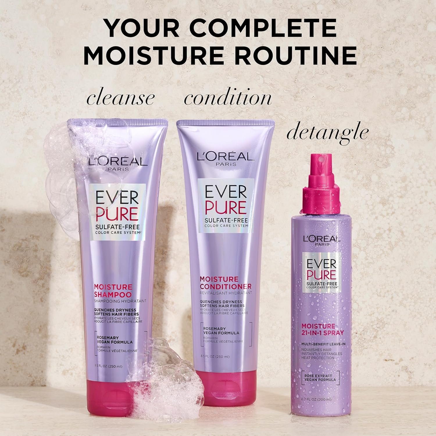 L'Oreal Paris Moisture Sulfate Free Shampoo and Conditioner Set, Hair Care for Color-Treated Hair with Rosemary Botanicals, EverPure, 1 Kit - Image 6