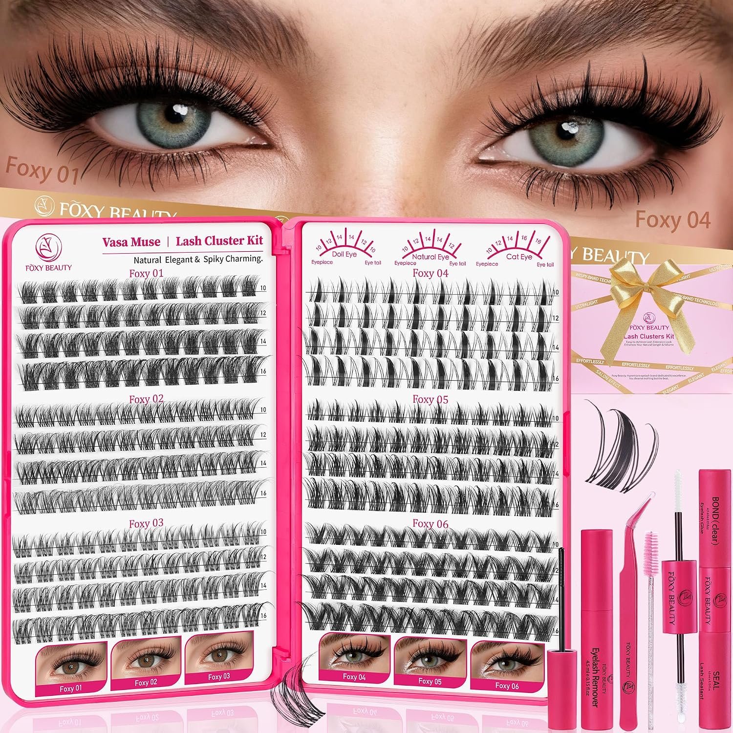 Vasa Muse Premium Lash Clusters Kit Lashes Wispy Lash Clusters Natural Eyelash Clusters Spiky Fairy Eyelash Extension Kit invisible Band Eyelashes with Bond & Seal for DIY 10-16mm 0.05mm