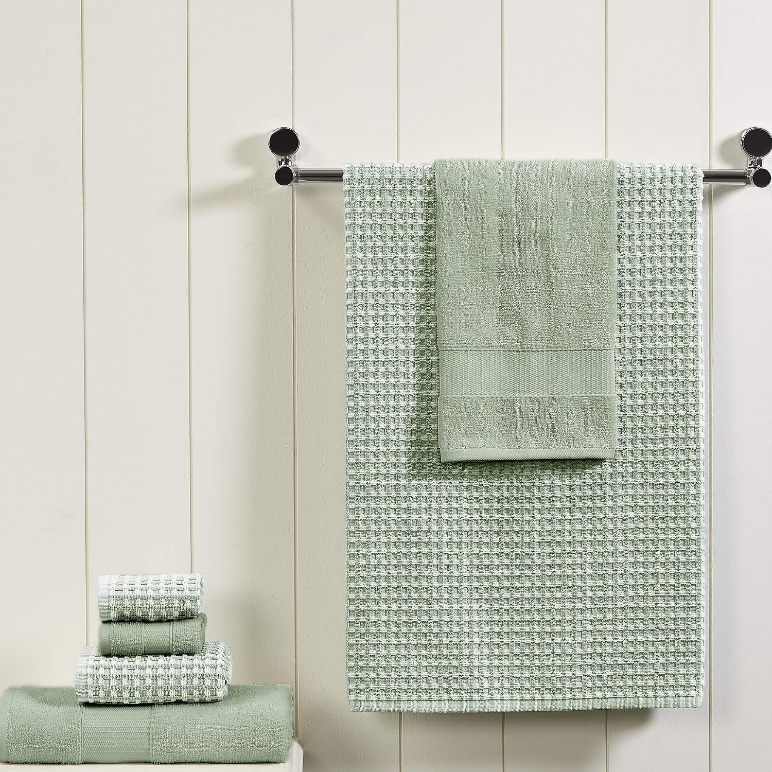 Modern Threads 6 Piece Cotton Bath Towel Set – Ultra Soft 600 GSM Towels – Bathroom Set with Hand Towels and Washcloths – Waffle (Deep Sage) - Image 2